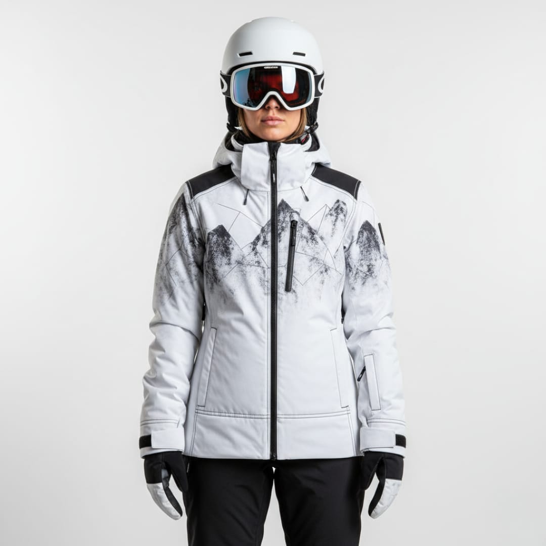 Giacca da Pista Donna | Giacca da Sci Bianco Nera Stampa Montagna Imbottita